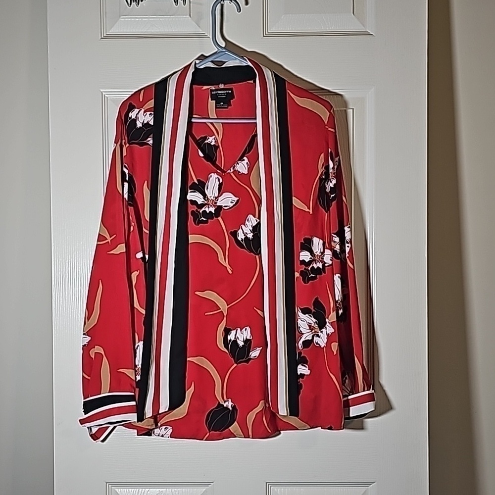 Liz Claiborne Career Red Floral Long Sleeve Blouse with Attatched Scarf Size 0X